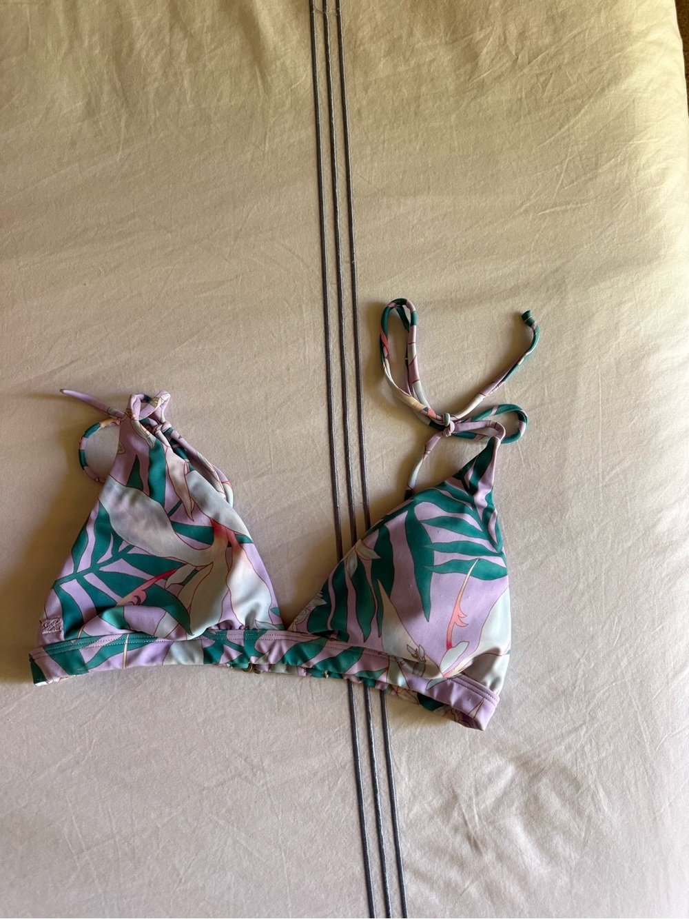 Tropical Leaf Print Tie-Strap Bikini Top - Pastel Green & Pink